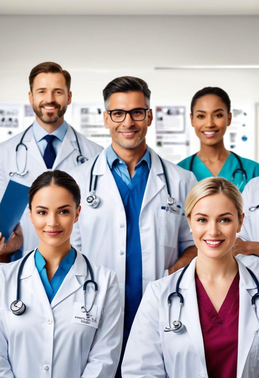 A diverse group of doctors in a modern medical office, each with ratings or badges above their heads, symbolizing trust and expertise. Patients consulting them with confident expressions, indicating reliability and satisfaction. Background with certifications and medical awards on the walls. Super-realistic. Vibrant colors. White background.
