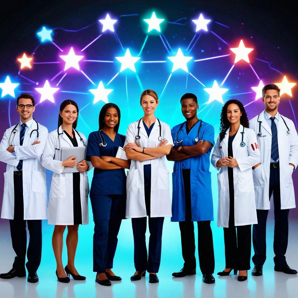 A diverse group of medical professionals including doctors, nurses, and specialists, standing confidently with glowing five-star ratings and positive reviews hovering around them. A futuristic interface displaying user reviews and ratings in the background, emphasizing technology in healthcare. super-realistic. vibrant colors. white background.