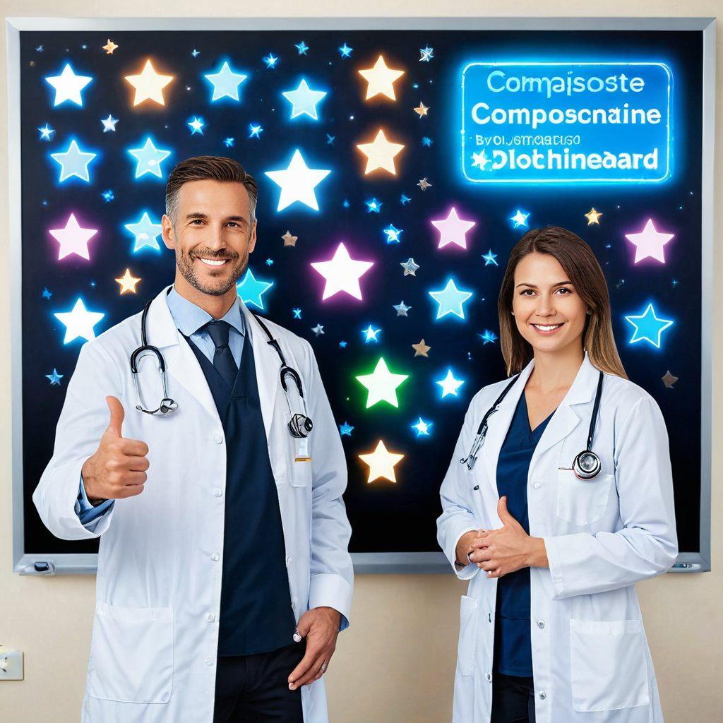 A serene healthcare setting with a compassionate doctor discussing with a patient, both smiling. Background features a bulletin board with glowing stars, thumbs-up icons, and positive review badges. A transparent overlay of a five-star rating next to the doctor's name. Vector art. Vibrant colors. White background.